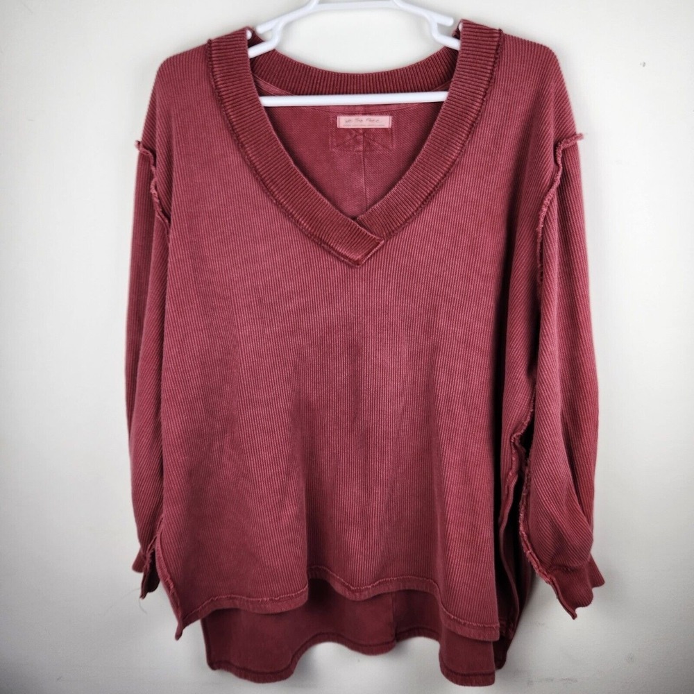 We The Free Women's Medium‎ Burgundy Oversized V-neck Waffle Thermal Sweater